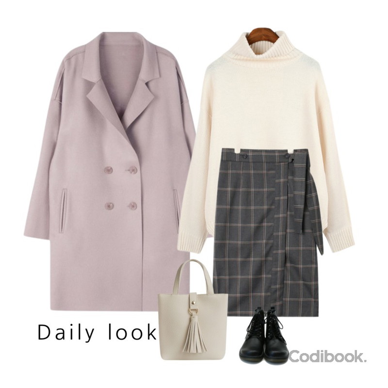AIN vintage check pattern skirt (2 colors),MIXXMIX 모인 커팅 코트,BANHALA 사랑해줘 니트등을 매치한 코디