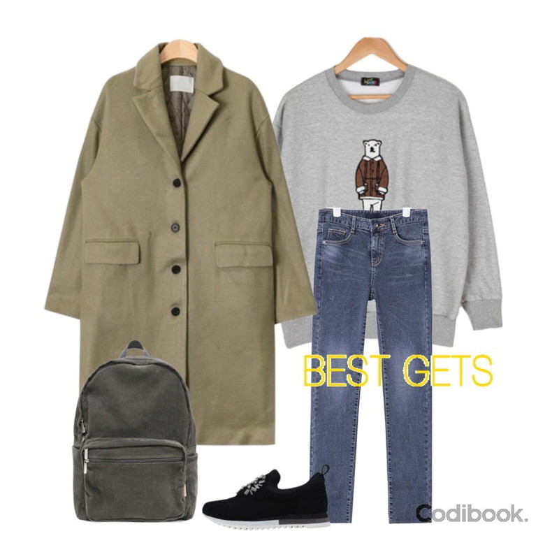AIN raglan single long coat (3 colors),AIN roll-up napping denim pants,BULLANG GIRL 부클베어맨투맨(기모)등을 매치한 코디