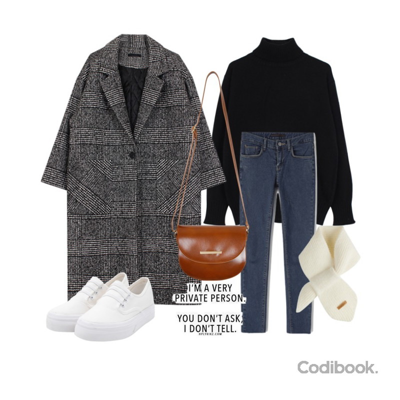 biznshoe Glen check coat (2color),biznshoe Boxy turtleneck knit (4color),Reine 플리넌 컷팅 기모 스키니진등을 매치한 코디