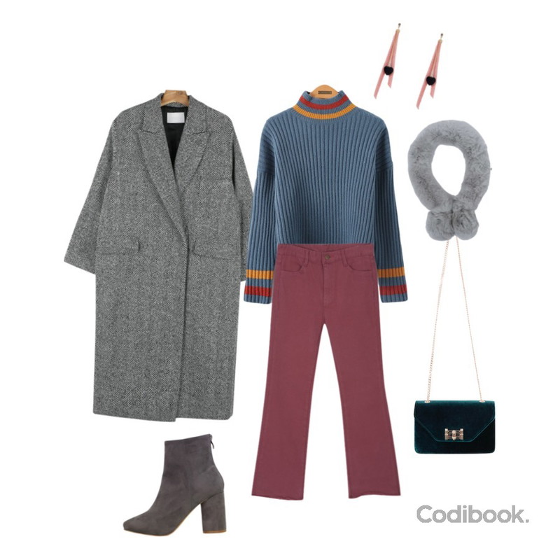myblin 기모 세미 부츠컷 팬츠 (5color),daily monday Herringbone boxy wool coat,Reine 휘슬러 라인 배색 하프넥 니트등을 매치한 코디