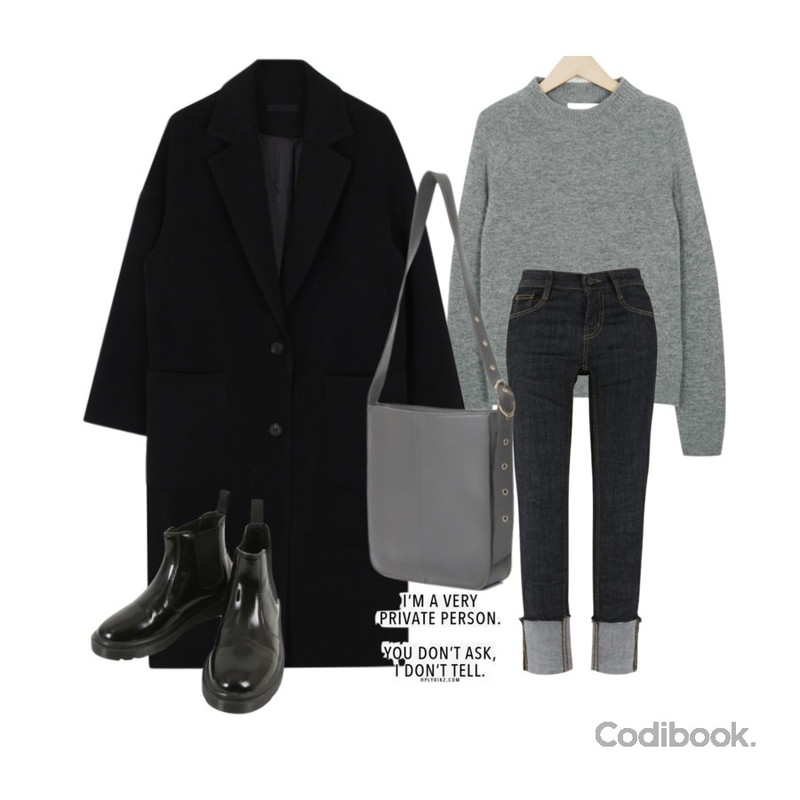 biznshoe Maxi long coat (4color),MIXXMIX 9038 기모 롤업 데님팬츠,From Beginning Today wool basic knit_M (size : free)등을 매치한 코디