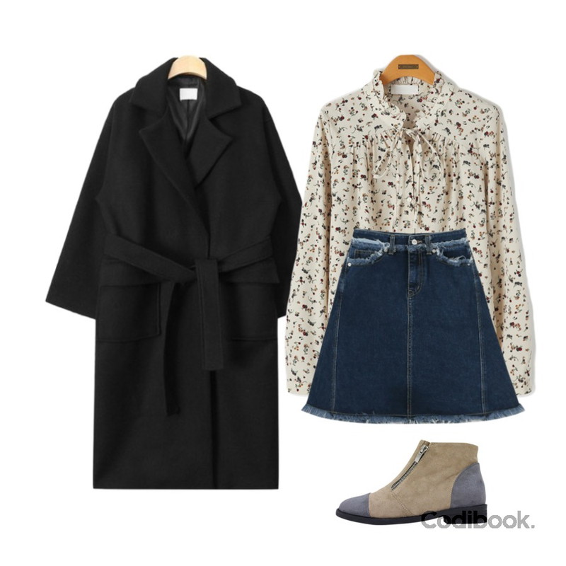 daily monday Damage mood denim skirt,Reine 엔리 리본 플라워 블라우스,AIN out pocket strap double coat (3 colors)등을 매치한 코디