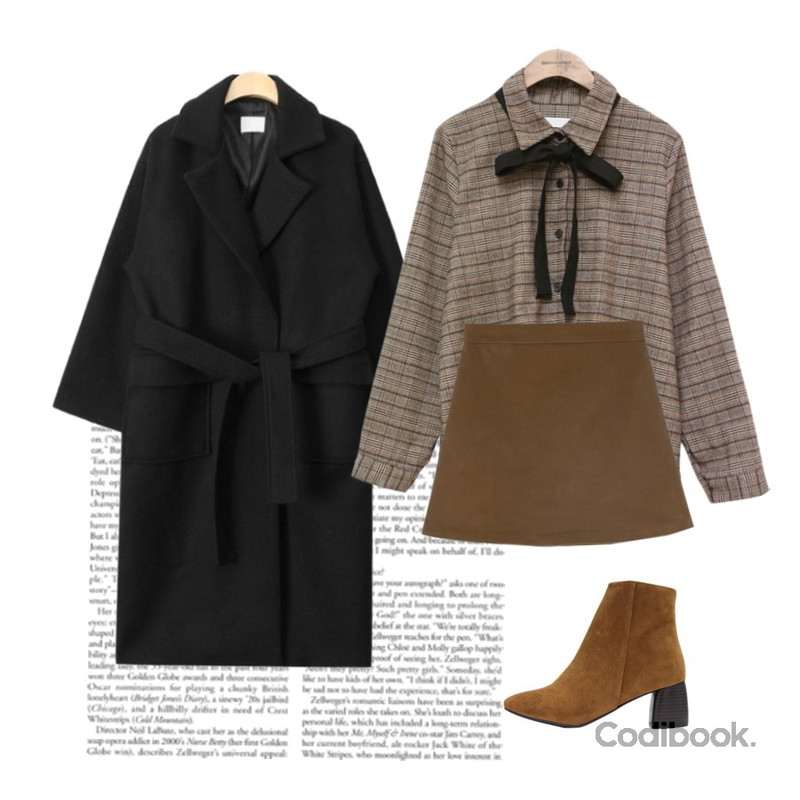 2,common unique [TOP] RIBBON TIE CKECK BLOUSE ,AIN out pocket strap double coat (3 colors)등을 매치한 코디