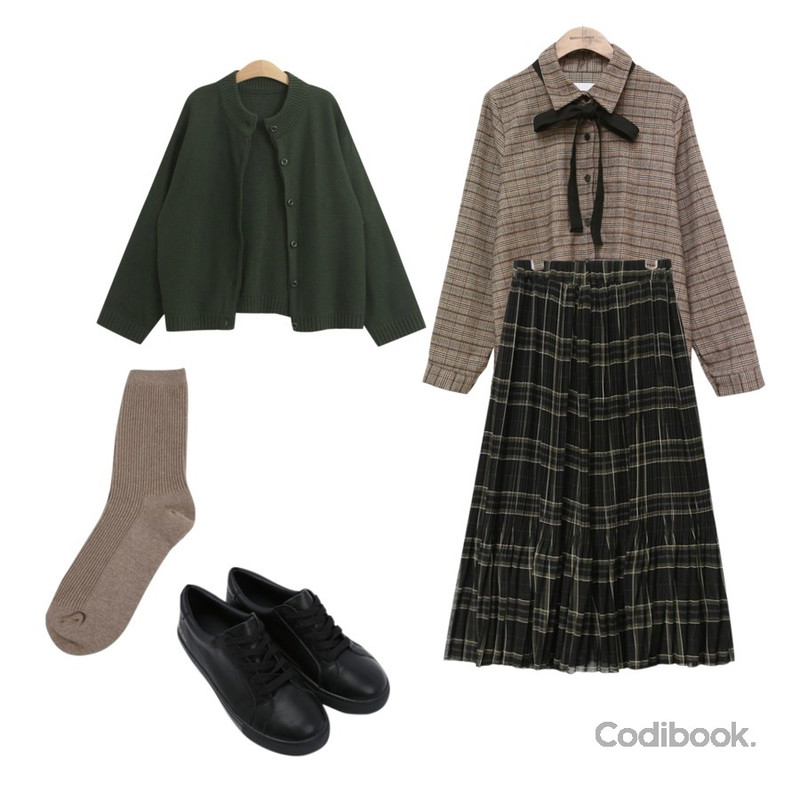 Zemma World 심플골지-삭스,common unique [TOP] RIBBON TIE CKECK BLOUSE ,AIN check pleats banding long skirt (2 colors)등을 매치한 코디