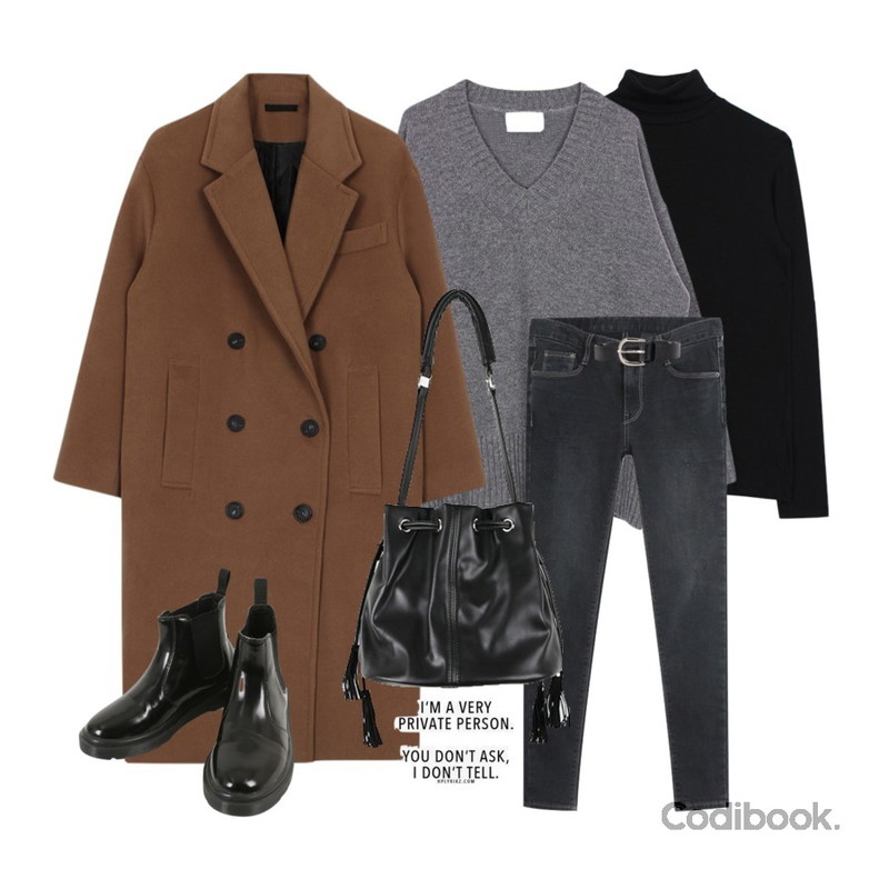 biznshoe Boxy v-neck knit (3color),biznshoe Oversize long coat (4color),biznshoe Tencel turtle-neck tee (5color)등을 매치한 코디