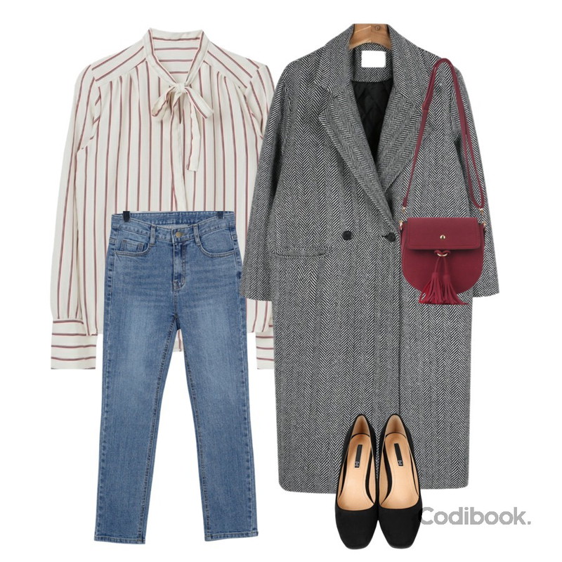 From Beginning Live washing straight jean_B (size : S,M,L),MIXXMIX 라인 리본 블라우스,daily monday Herringbone double coat등을 매치한 코디