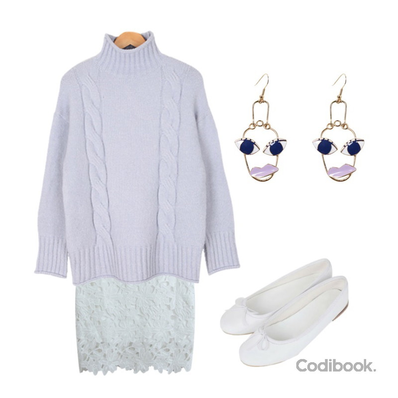TODAY ME [skirt]엘렌 레이스 스커트,Zemma World 화이트-플랫 (shoes),BULLANG GIRL 두줄꽈배기니트등을 매치한 코디