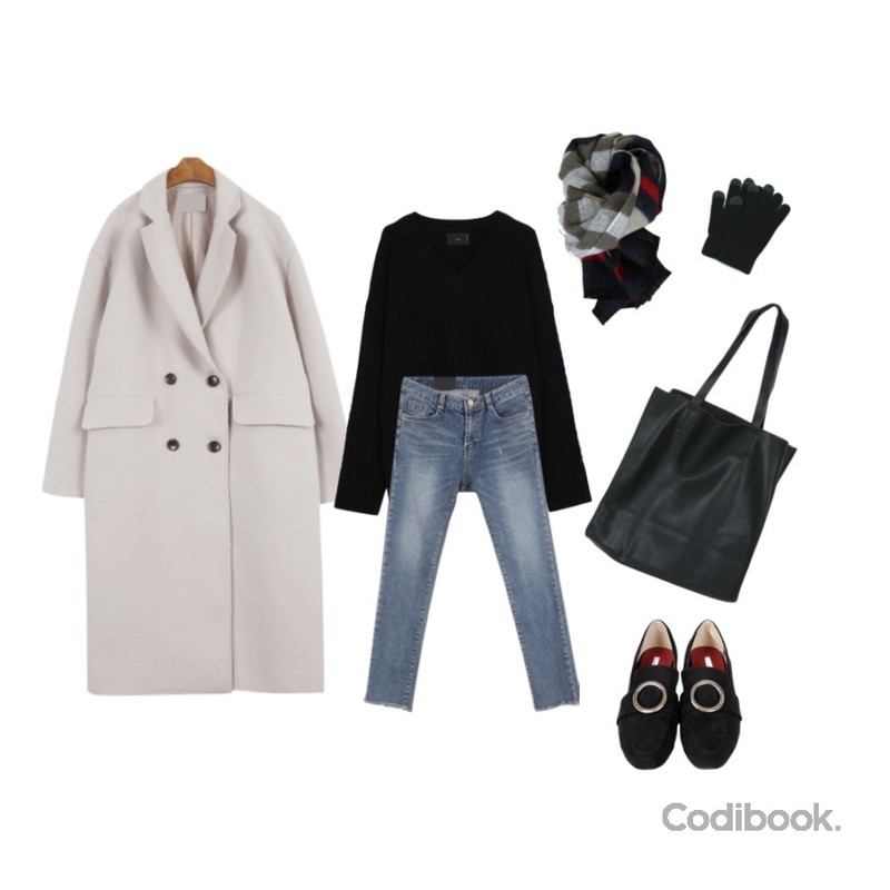 biznshoe Oversize cable v knit (2color),MINIBBONG 루체 울메이드코트,MINIBBONG 다이제 기모일자팬츠등을 매치한 코디
