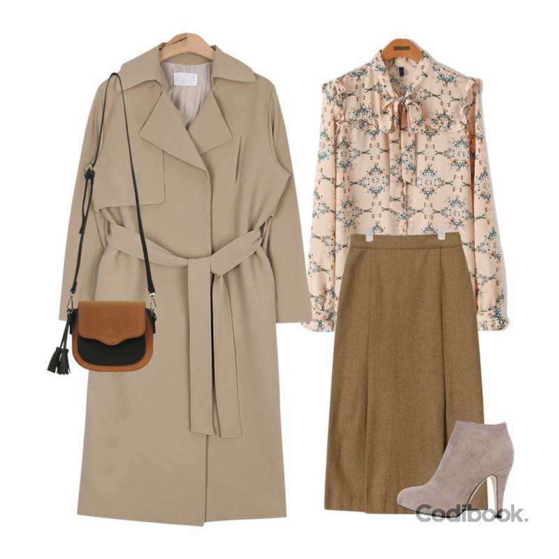 AIN modern snap button trench coat (3 colors),AIN wool long front pleats skirt (2 colors),Reine 펠넛 타이 프릴 플라워 블라우스등을 매치한 코디