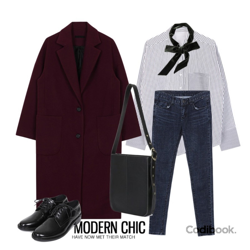 Untitled,biznshoe Long cuffs stripe shirt,biznshoe Maxi long coat (4color)등을 매치한 코디