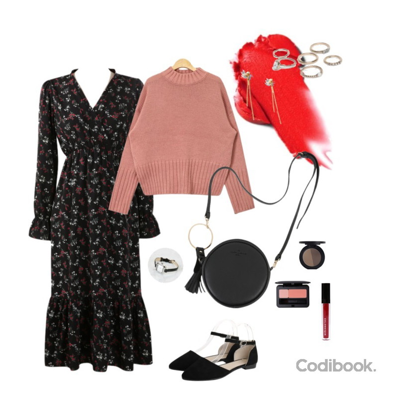 lip,CHLO.D.MANON 디아망 롱 원피스,AIN over fit slit spring knit (4 colors)등을 매치한 코디