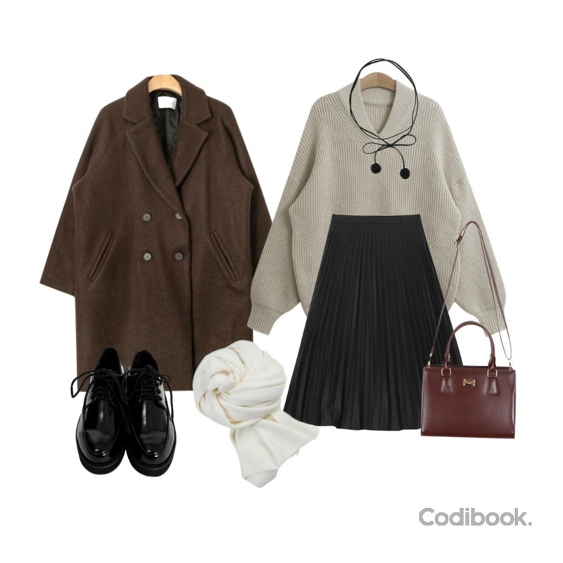 AIN napping double felt coat (2 colors),TODAY ME 스타크 니트,TWEE 하나 된 그림자 플리츠 롱 skirt등을 매치한 코디