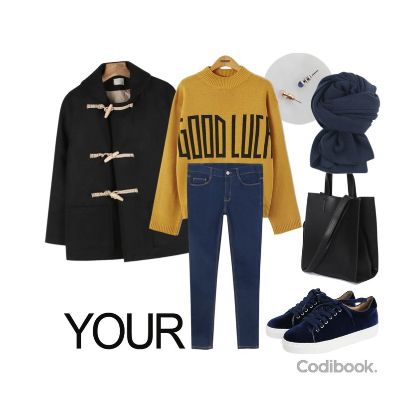 daily monday Mini drop earcuff earring set,AIN modern mood tote bag (4 colors),daily monday Round collar duffle jacket등을 매치한 코디