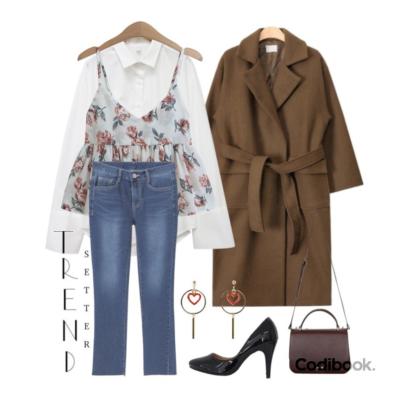TODAY ME 토닉 뷔스티에,AIN out pocket strap double coat (3 colors),common unique [TOP] BASIC WIDE CUFFS SHIRTS등을 매치한 코디