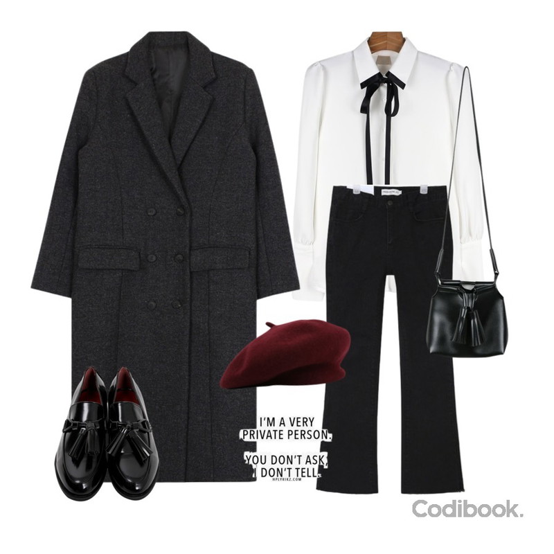 AIN SHALOM semi boots ver.1,biznshoe Herringbone long coat (2color),daily monday Ribbon string blouse등을 매치한 코디