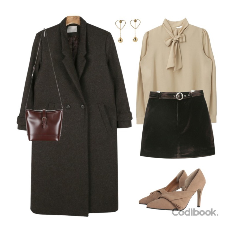 daily monday Mannish wool long coat,MIXXMIX 로이 리본 블라우스,AIN velvet belt set skirt (2 colors)등을 매치한 코디