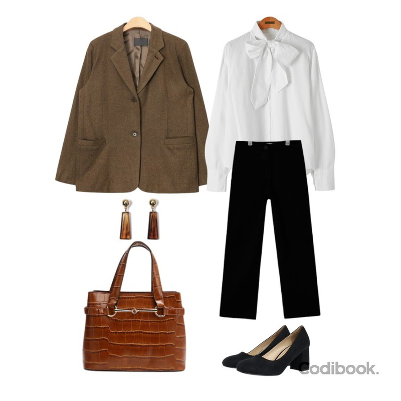 Reine 아일렌 리본 초커 블라우스,AIN trendy wool 2-button jacket (3 colors),AIN simple wide cotton pants (3 colors)등을 매치한 코디