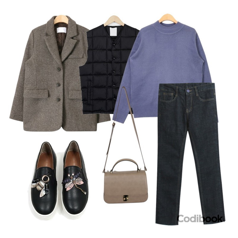 From Beginning Light down padding vest_Y (size : M,L),NEW NEED NOW 모먼트 슬립온(2color),AIN standard herringbone jacket (2 colors)등을 매치한 코디
