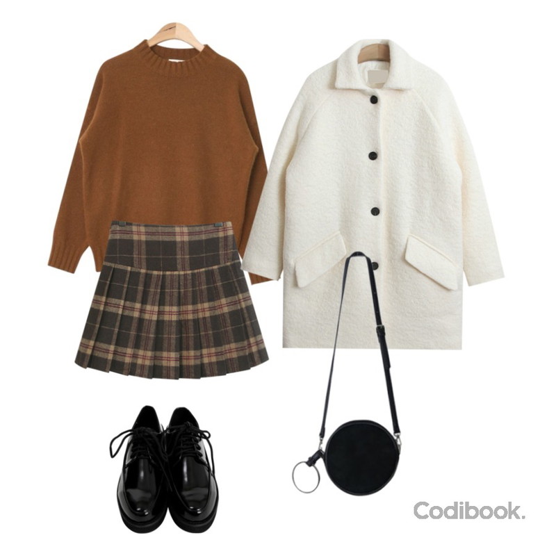 TODAY ME [coat]울라프 코트,AIN basic boxy fit angora knit (5 colors),TODAY ME 아리나 체크 스커트등을 매치한 코디