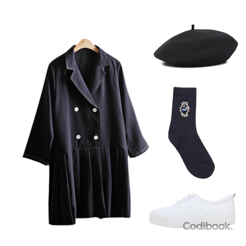 LOVELY SHOES 키라 스니커즈 (3.5cm),Cats Onepiece 세라복 자켓 플리츠 원피스,AIN cubic golgi socks (8 colors)등을 매치한 코디
