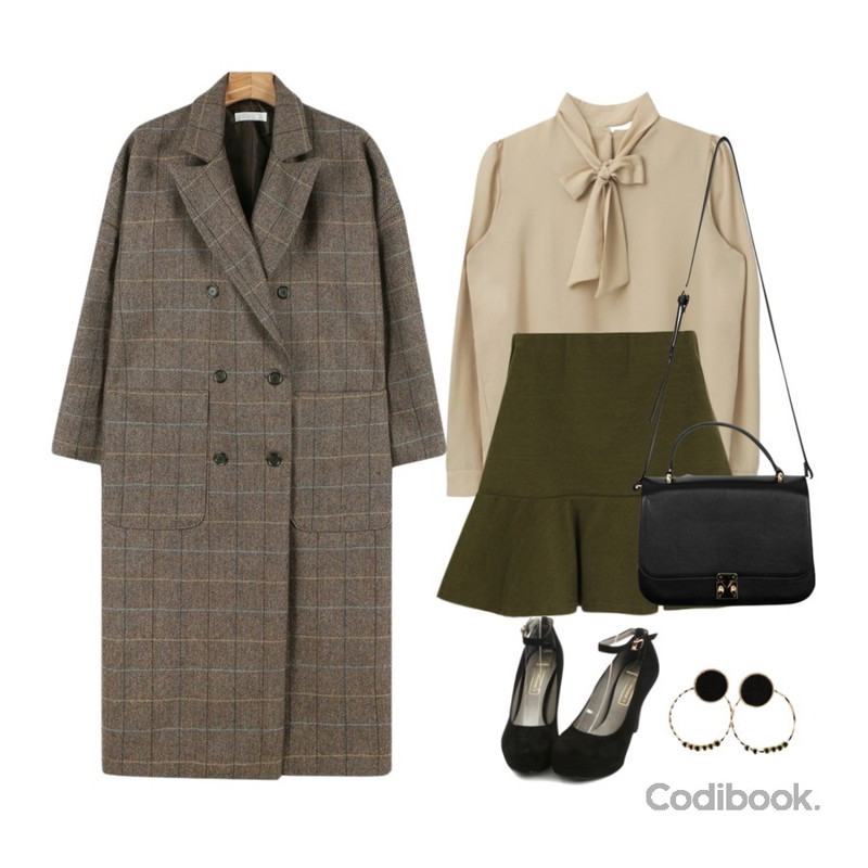 daily monday Check long wool coat,MIXXMIX 로이 리본 블라우스,BANHALA 애플립 스커트등을 매치한 코디