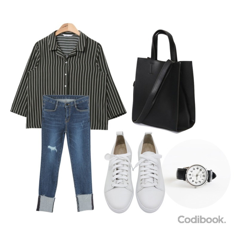 daily monday Casio white stitch watch,AIN stylish stripe seven-tenths blouse (3 colors),IM3 더블스크래치 롤업팬츠등을 매치한 코디