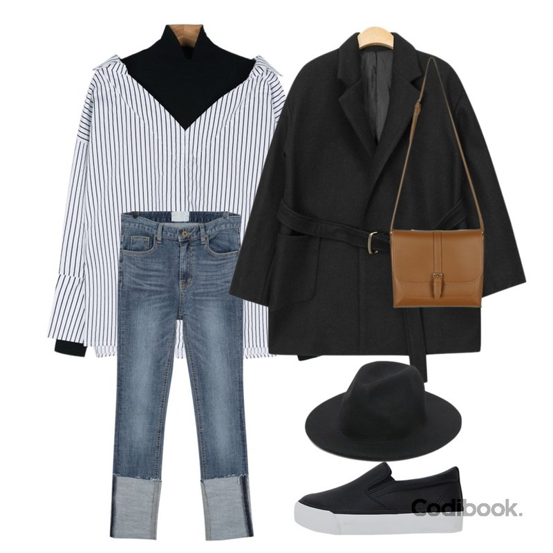 From Beginning Last roll-up skinny jean_M (size : S,M),AIN belt set wool short coat (2 colors),daily monday Pola Layered shirt등을 매치한 코디