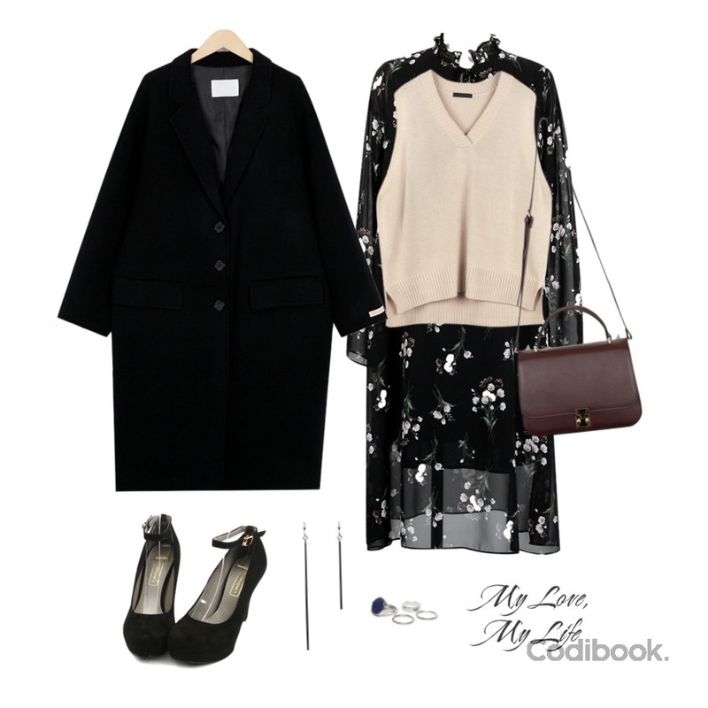 BANHALA 보통의연애 니트조끼,From Beginning Blossom shiffon ops_K(size : free),From Beginning Mild single handmade coat_K(size : free)등을 매치한 코디