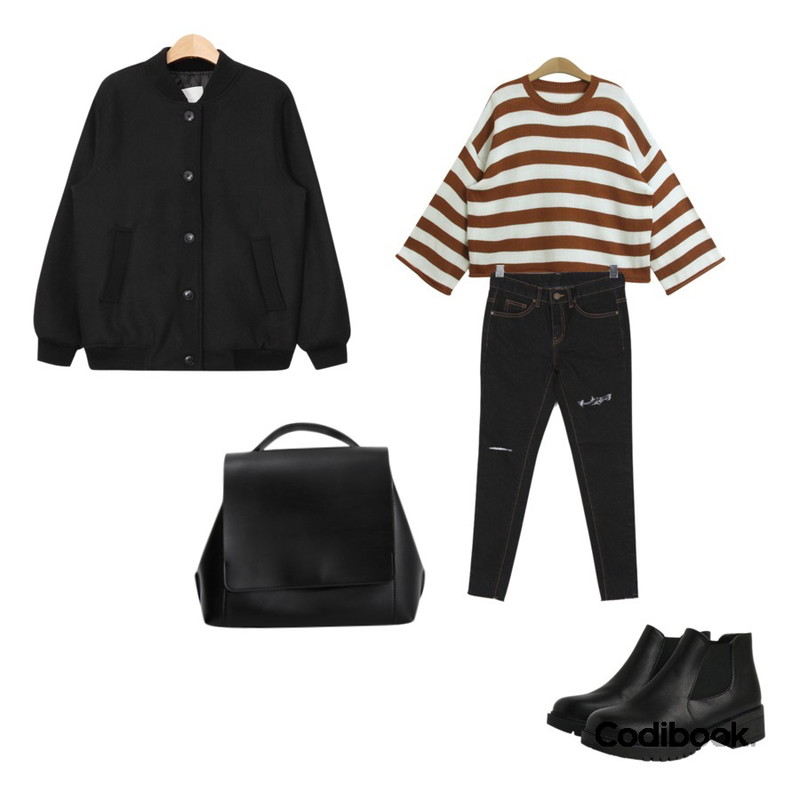 AIN casual wool flight jumper (2 colors),BULLANG GIRL 바닐라컷팅P,TODAY ME 핀림 단가라 니트등을 매치한 코디