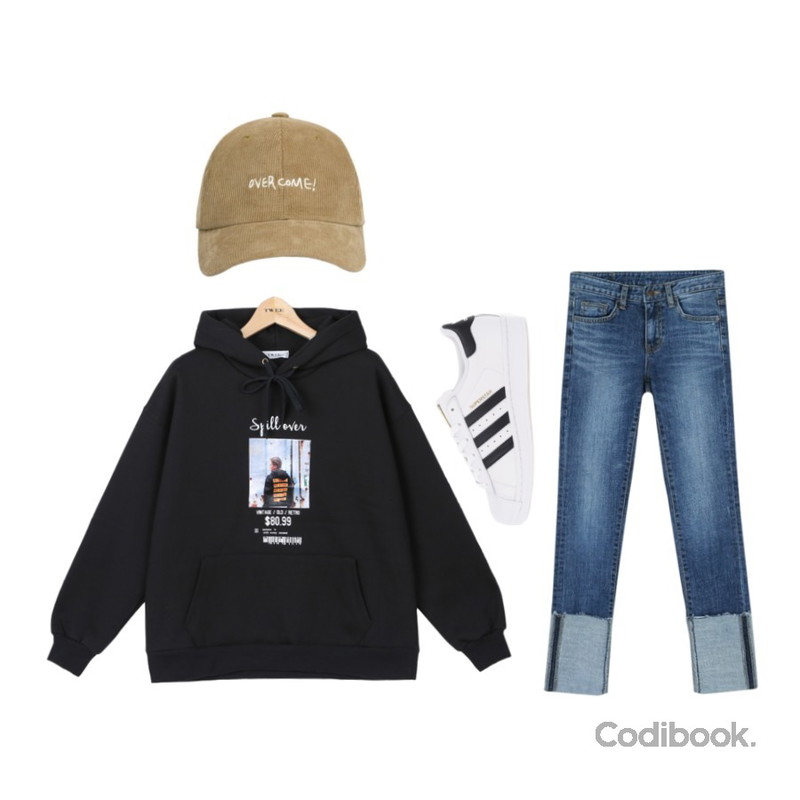 AIN FRESH A corduroy ball cap (4 colors),TWEE ever 프린팅 후드 TEE,daily monday Long roll up straight denim등을 매치한 코디
