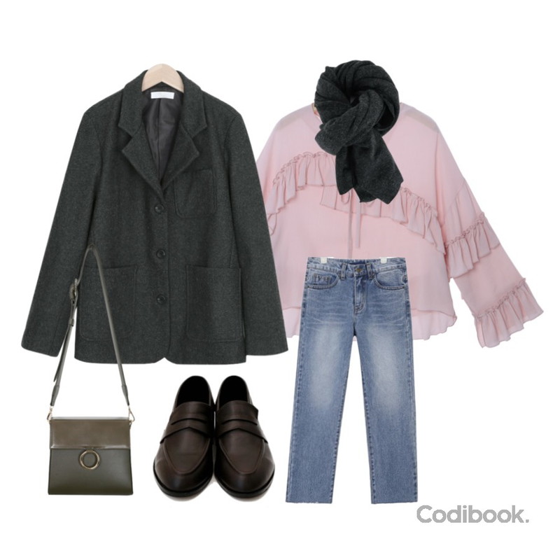 myblin 보카시 울 자켓 (3color),AIN vintage washing wide fit denim pants,TWEE 선물같아 프릴리본 blouse등을 매치한 코디