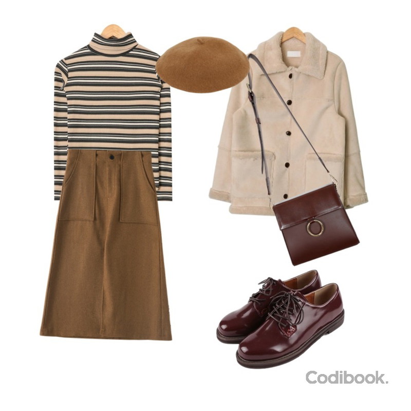 AIN unique stripe turtle neck T (3 colors),AIN daily button mustang (2 colors),Reine 캐언즈 트임 롱 스커트등을 매치한 코디