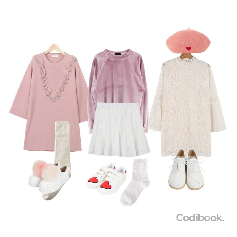 MIXXMIX 머랭 벨벳 스웨트셔츠,daily monday Lace mini one-piece아이보리 01/24 입고예정,TWEE V 프릴 knit ops등을 매치한 코디