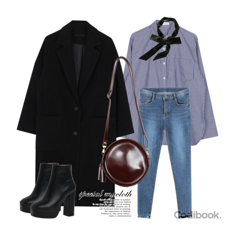 biznshoe Maxi long coat (4color),biznshoe Wide cuffs stripe shirt,IM3 데미지 스키니팬츠등을 매치한 코디