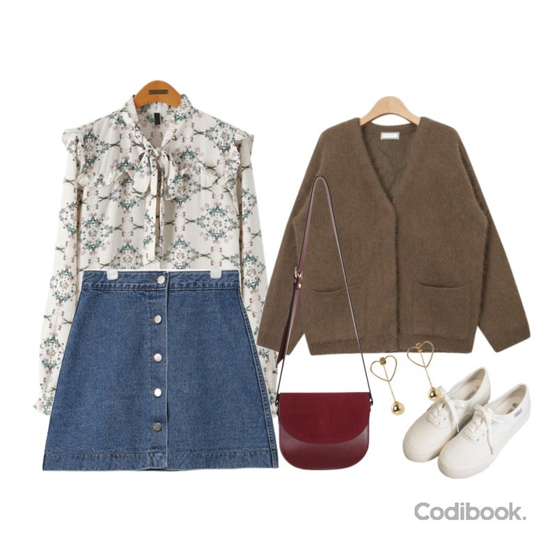 AIN girlish button denim skirt (3 colors),Reine 펠넛 타이 프릴 플라워 블라우스,AIN snap button angora cardigan (4 colors)등을 매치한 코디