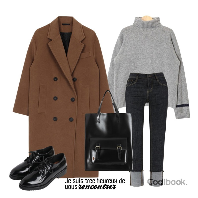 biznshoe Oversize long coat (4color),MIXXMIX 9038 기모 롤업 데님팬츠,AIN sleeve line point polar knit (3 colors)등을 매치한 코디