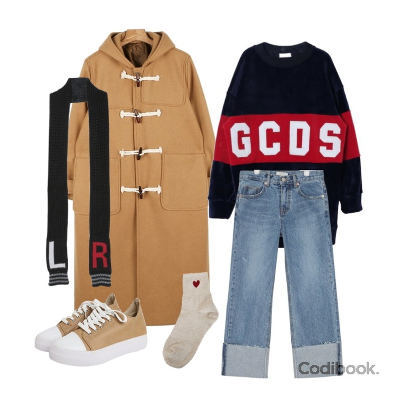 DORA 룩앤미MTM,daily monday Long duffle wool coat,AIN roll-up washing denim pants등을 매치한 코디
