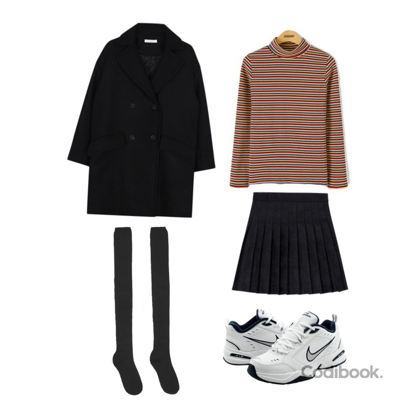 biznshoe Double pea coat (3color),Reine 롤리팝 스트라이프 터틀넥 티,TWEE 스웨이드 테니스 skirt등을 매치한 코디