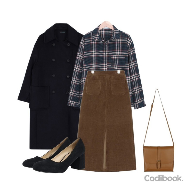 AIN deep slit corduroy long skirt (3 colors),myblin 스타일 코튼 체크 셔츠,biznshoe Wool boxy long coat (2color)등을 매치한 코디