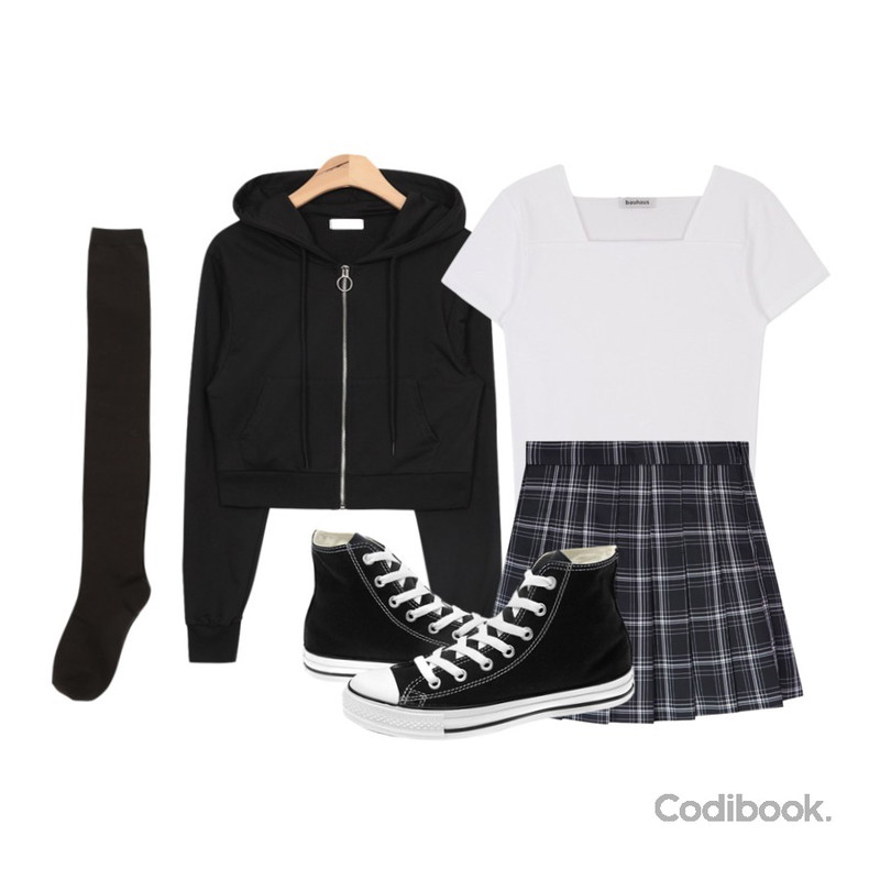 AIN ring zipper crop hoody jumper (4 colors),MIXXMIX ONLY MIX  Square neck T,MIXXMIX 패니 체크 스커트등을 매치한 코디