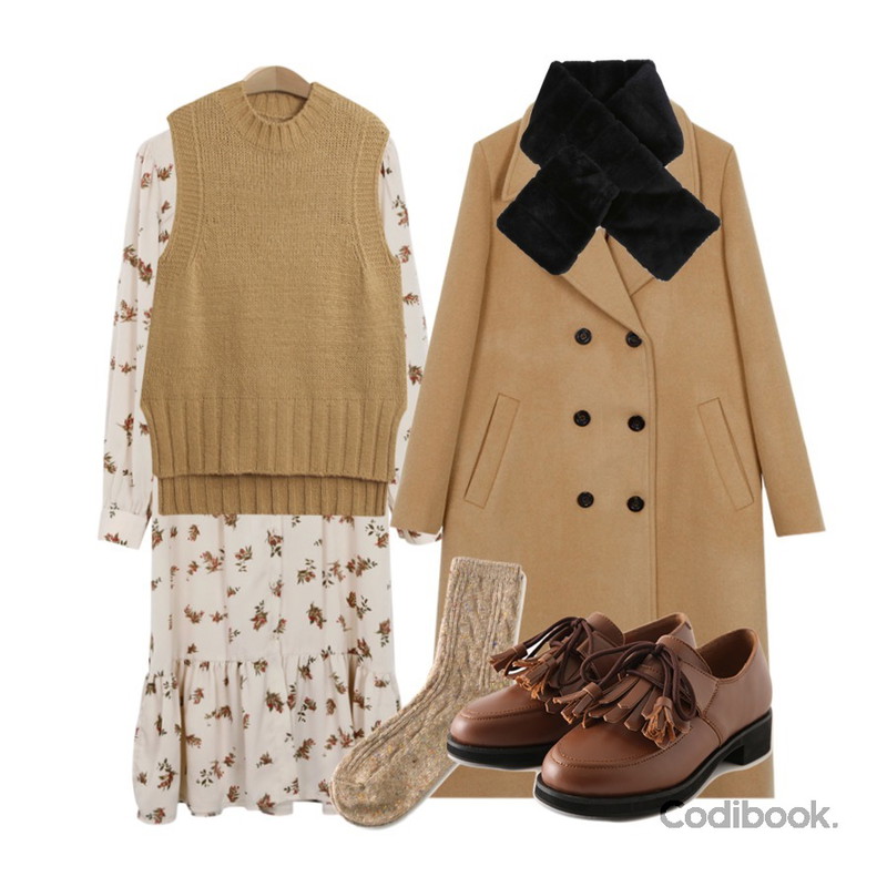 From Beginning Romantic flower frill ops_H (size : free),TODAY ME 리콜 니트 조끼,From Beginning Low double wool coat_K(size : free) 등을 매치한 코디