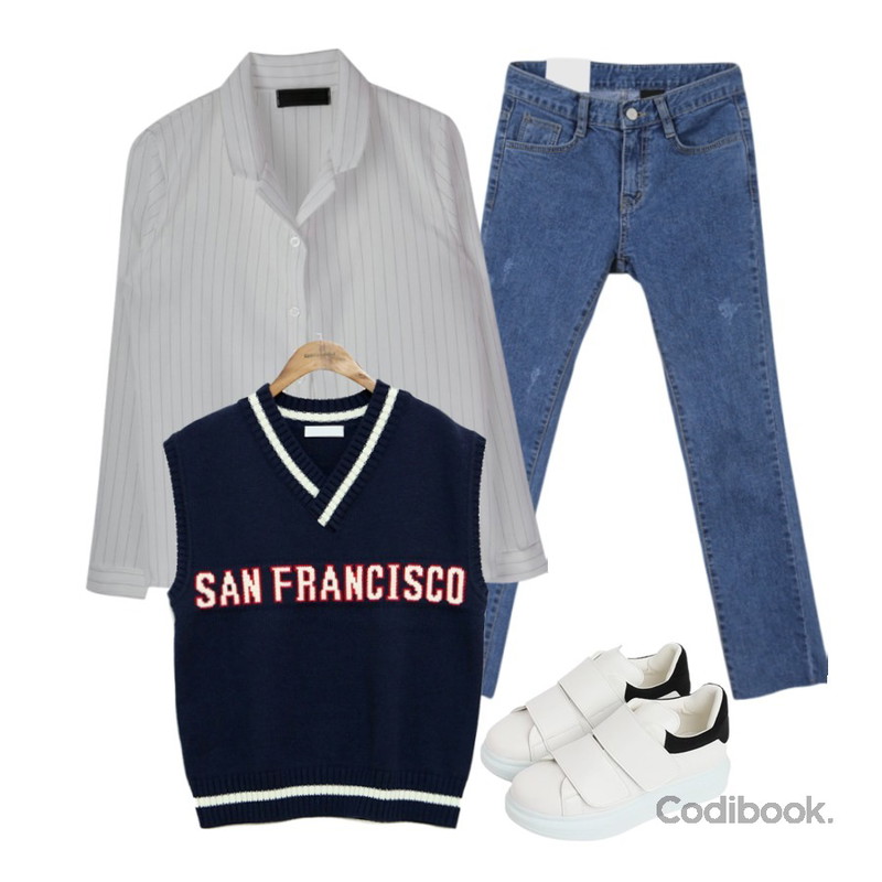 MIXXMIX 얀티 카라 블라우스,common unique [OUTER] SAN FRANCISCO LETTERING KNIT VEST,MINIBBONG 위켄즈 슬림일자 (160cm 9부 · 핏예쁜 반하이 데님일자팬츠!)등을 매치한 코디