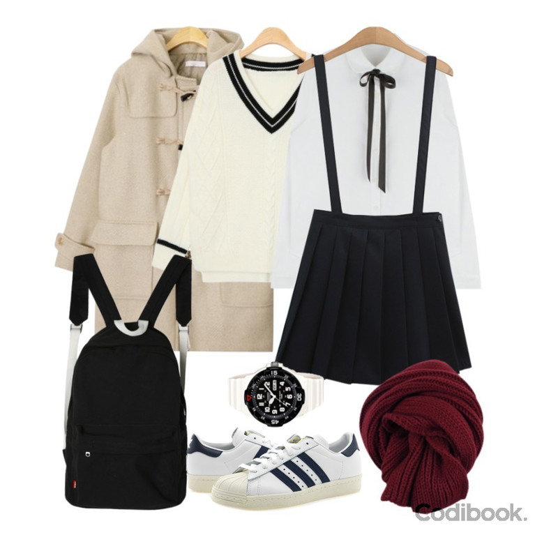 MIXXMIX Ribbon Tie Shirt,AIN casual wool hoody duffle coat (2 colors),AIN twist pattern V-neck line knit (3 colors)등을 매치한 코디