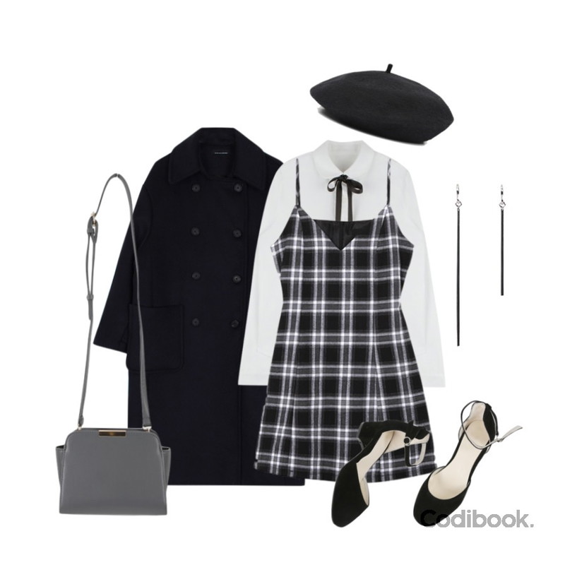 MIXXMIX Ribbon Tie Shirt,BANHALA 얼그레이 원피스,biznshoe Wool boxy long coat (2color)등을 매치한 코디