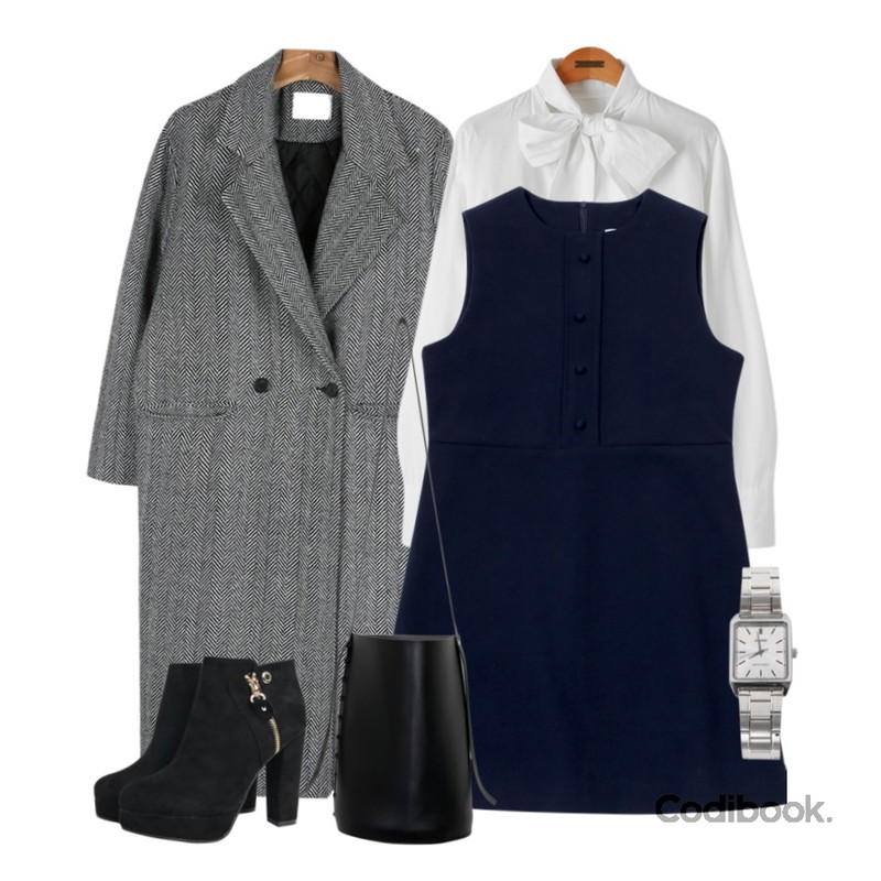 daily monday Herringbone double coat,Reine 아일렌 리본 초커 블라우스,TWEE 마음 속 버튼 ops등을 매치한 코디