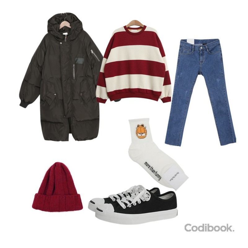 daily monday Golgi wool beanie,myblin 오리털 패치 롱 패딩 ,MINIBBONG 위켄즈 슬림일자 (160cm 9부 · 핏예쁜 반하이 데님일자팬츠!)등을 매치한 코디