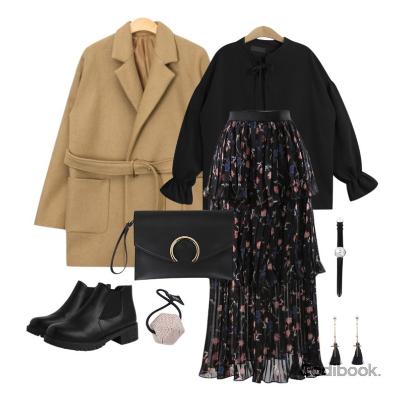 AIN belt set wool short coat (2 colors),TODAY ME 블루밍 블라우스,CHLO.D.MANON 눈부신 플라워 스커트등을 매치한 코디