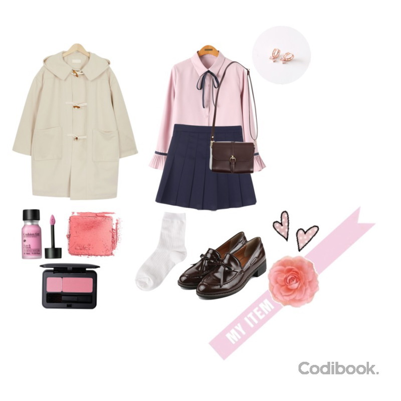 daily monday Girlish ribbon loafer,BANHALA [9차재입고] 테니스 치마바지,Reine 로랑 플리츠 커프스 리본 블라우스등을 매치한 코디