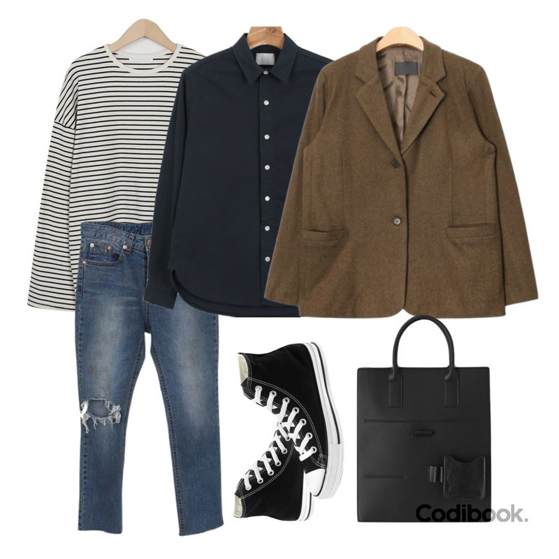 daily monday Cotton unbal shirt추석이후 입고,Zemma World Dusty-크롭팬츠,From Beginning Butter stripe over-fit T_K(size : free)등을 매치한 코디