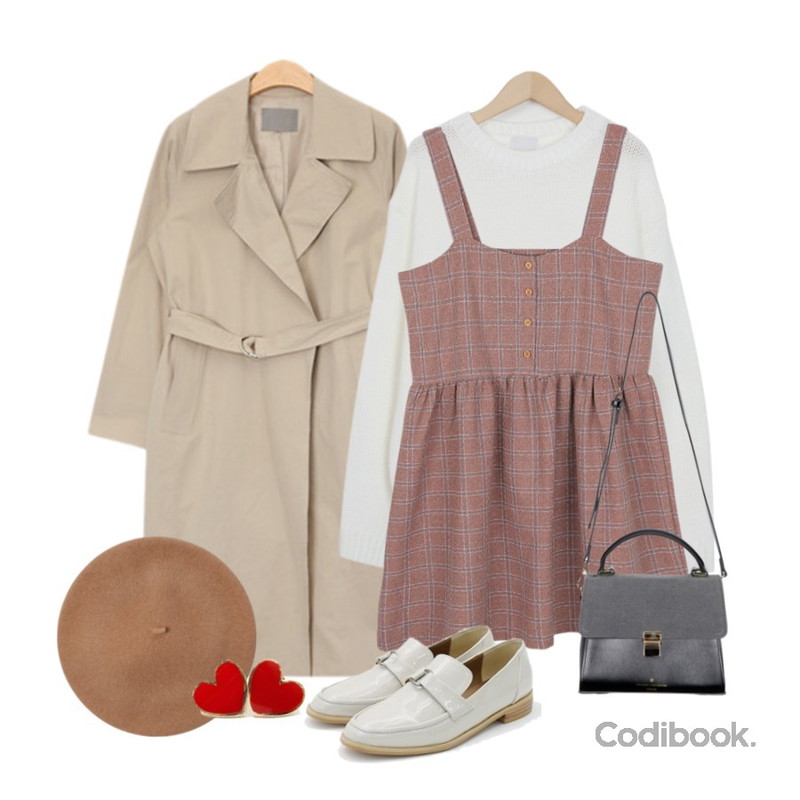 AIN basic mood belted coat (2 colors),IM3 우드버튼 나시원피스,From Beginning Pit-a-pat back slit knit_H (size : free)등을 매치한 코디